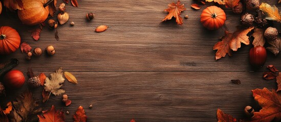 Fototapete - Autumn table arrangement on a wooden surface top view Room for text. with copy space image. Place for adding text or design