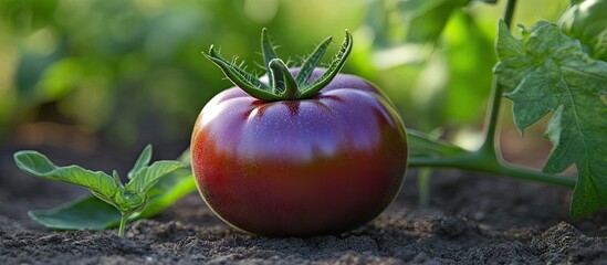 Poster - Cherokee purple is an ancient tomato variety commonly referred to as beefsteak The tomato is on a white table bathed in sunlight close up and copy space