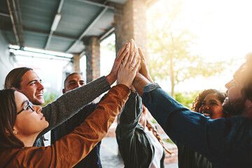 Wall Mural - Students, group or hands together at college with support for study motivation and academic collaboration. Friends, people or diversity high five on campus for solidarity in learning and scholarship