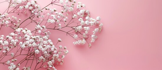 Poster - White gypsophila flowers also known as baby s breath on a pink background Copyspace