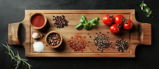 Wall Mural - Wooden cutting board featuring cooking ingredients and spices Copy space Top view