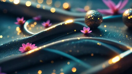 Wall Mural - Abstract blue glitter waves and flowers