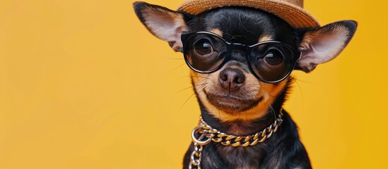 Aufkleber - Portrait of an adorable Chihuahua puppy wearing glasses a gold chain and a hat The small smiling dog is set against a vibrant trendy yellow background Copyspace for text is available