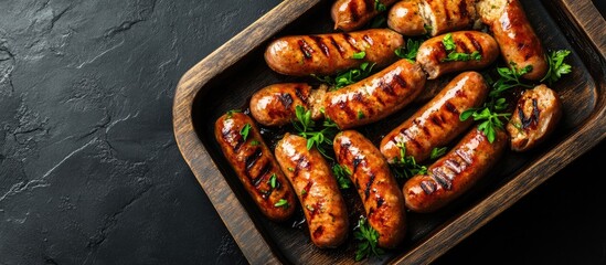 Aufkleber - Grilled sausages are mixed with herbs in a wooden tray Black background Top view. with copy space image. Place for adding text or design