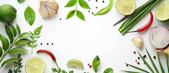 Poster - Top view of herbs and spices featuring galangal lemongrass chili lime onion and lime leaves on a white background with copy space Food ingredient concept