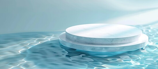 Aufkleber - Empty white circular podium on transparent calm blue water with splashes and waves in sunlight Abstract natural background for product presentation Flat lay cosmetic mockup copy space