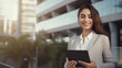 © Olha - Smiling young middle eastern Israel businesswoman using tablet pc application for online remote work at office business building outdoors. Indian or arabic woman holding digital computer.