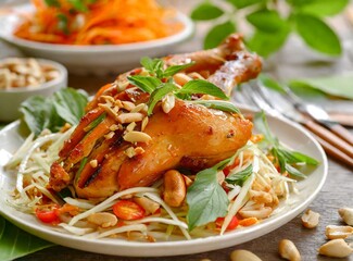 Wall Mural - A plate of grilled chicken served with spicy papaya salad, garnished with peanuts.