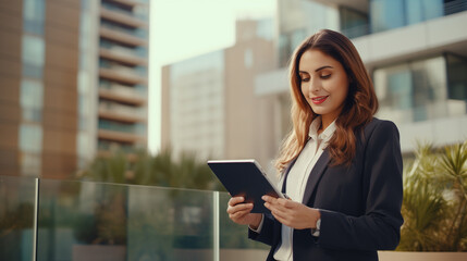 Smiling young middle eastern Israel businesswoman using tablet pc application for online remote work at office business building outdoors. Indian or arabic woman holding digital computer.