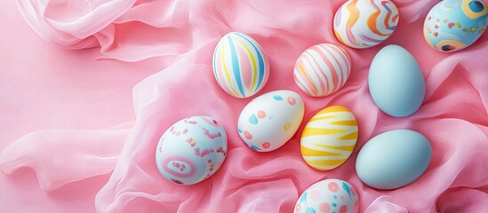 Poster - Colorful Easter eggs on a pink fabric background Top view flat lay. with copy space image. Place for adding text or design