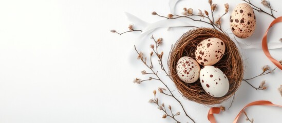 Leinwandbilder - Easter eggs ribbons and a nest on a white background mockup card featuring plants Invitation card with environmental details mockup including a postcard and Easter eggs on white