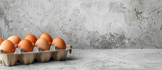 Aufkleber - Cardboard egg rack containing eggs on a gray background Top view Rustic still life natural organic healthy food with copyspace