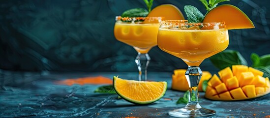 Fototapete - Glasses of Frozen Mango Margarita cocktails decorated with a paprika salt rim. with copy space image. Place for adding text or design