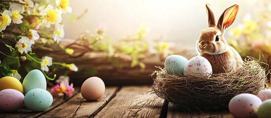 Poster - Easter card design featuring eggs a nest and a bunny on a wooden background with copyspace
