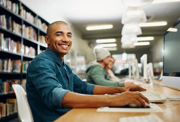 Aufkleber - Student, computer and study in college library for programming test, project and online exam. Black man, school and portrait in university for education, learning and information technology course