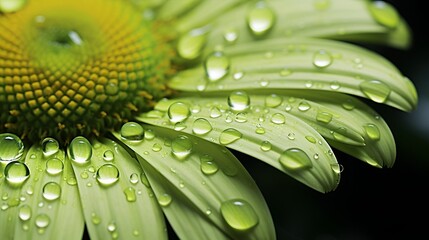 a close-up view of a green flower adorned with glistening water droplets.