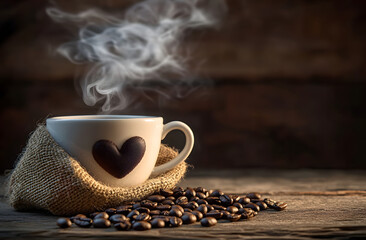 Sticker - Cup of coffee with heart shape smoke and coffee beans on burlap sack on old wooden background