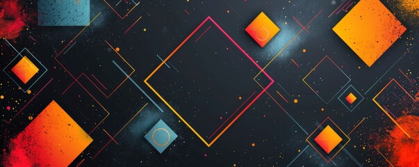 Poster - flat vector illustration. geometric frame with bright flowers on the edges and empty space in the middle on a black background