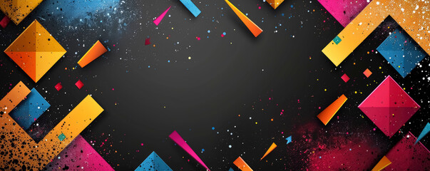 Poster - flat vector illustration. geometric frame with bright flowers on the edges and empty space in the middle on a black background
