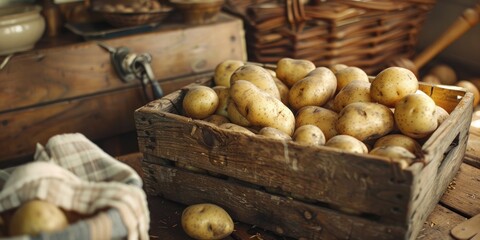 Poster - Potatoes in a rustic wooden basket in a cozy kitchen