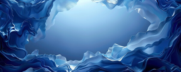 Poster - Abstract blue waves forming a textured border, frame with light shining through in a calm underwater atmosphere with empty space for text