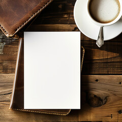 blank paper, leather notebook, and coffee cup on rustic wooden table.
