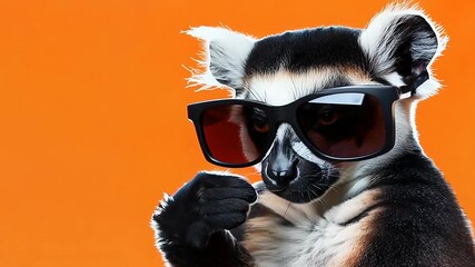 Wall Mural - Stylish lemur with sunglasses on orange background