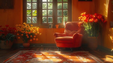 Cozy living room with orange flowers and a vintage armchair bathed in warm sunlight