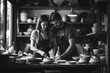 © apichat - A young couple dressed in vintage clothing stand closely together in a rustic pottery studio surrounded by ceramic wares.
