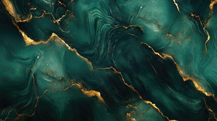 Poster - rich 3d luxury background with dark green marble and gold veins, opulent and modern design