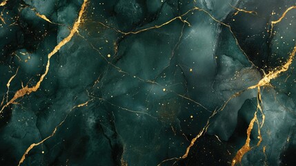 Poster - rich 3d luxury background with dark green marble and gold veins, opulent and modern design