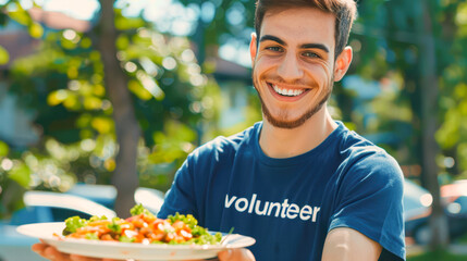 Handsome smiling male volunteer provides aid, handing out free food to disadvantaged communities in city park. Volunteers support homeless, sick, and those in poverty. Charity, donation