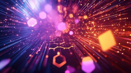 Poster - vibrant 3d background with hexagonal prisms and light trails, energetic abstract concept