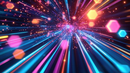 Poster - vibrant 3d background with hexagonal prisms and light trails, energetic abstract concept