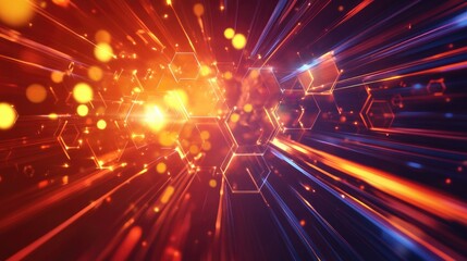 Poster - vibrant 3d background with hexagonal prisms and light trails, energetic abstract concept