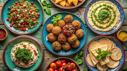 Overhead shot of a vibrant Mediterranean mezze spread with hummus, falafel, tabbouleh