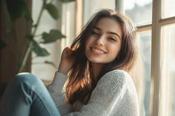 Wall Mural - A woman with a bright smile sitting by a window, bathed in soft natural light, radiating warmth and positivity in a serene indoor setting.