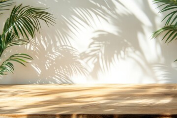 Poster - Wooden table with abstract light coming from wall shadows created by leaves