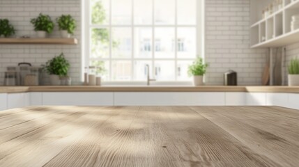 Poster - Table top made of wood with blurred background in a kitchen
