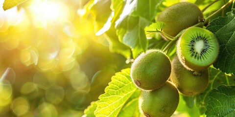 Poster - Ripe green kiwi fruits freshly harvested in a sunny orchard kiwi plantations on a bright day