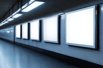 Poster - In a subway station, a vertical white billboard is mocked up
