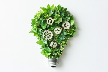 Wall Mural - An isolated green leaf light bulb and a gear mechanism are shown on a transparent background