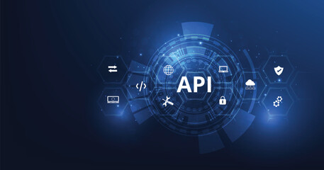 Leinwandbilder - Application Programming Interface (API). Software development tool, information technology, modern technology, internet and networking concept on dark blue background.	