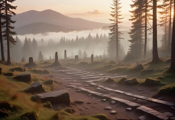 a foggy landscape with a mountain in the background