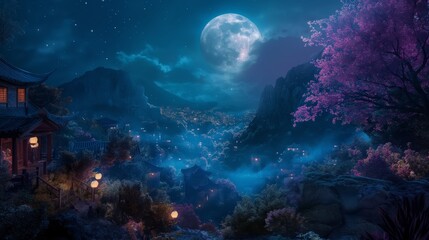 Wall Mural - A beautiful night sky with a large moon and a small house in the background. The scene is peaceful and serene, with the moon casting a soft glow on the landscape