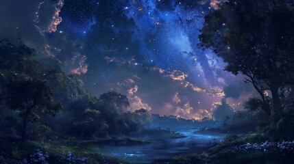 Wall Mural - A beautiful night sky with a lot of stars and a river in the foreground. The sky is dark and the stars are shining brightly