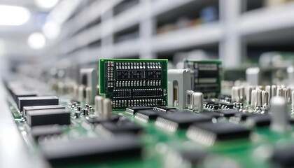 Poster - Close-Up of Finished Circuit Boards with Pristine Solder Joints in Factory Lighting