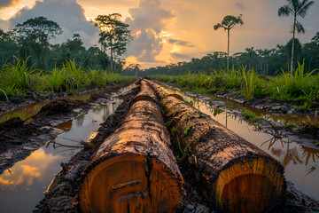 freshly cut tree trunks in a cleared area of ​​green tropical forest, human impact on the environmen