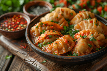 Wall Mural - Traditional dumpling vegetarian momos food from Nepal served with tomato chutney over moody, Plate of traditional nepali food momos. Steam cooked momos with sauce.