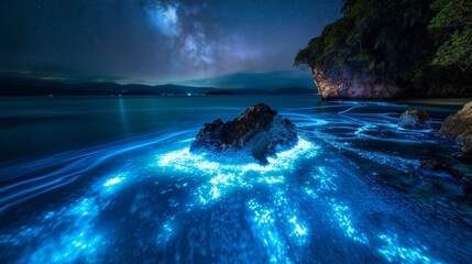 Wall Mural - A beautiful night sky with a large rock in the middle of the ocean. The water is glowing blue and the stars are shining brightly